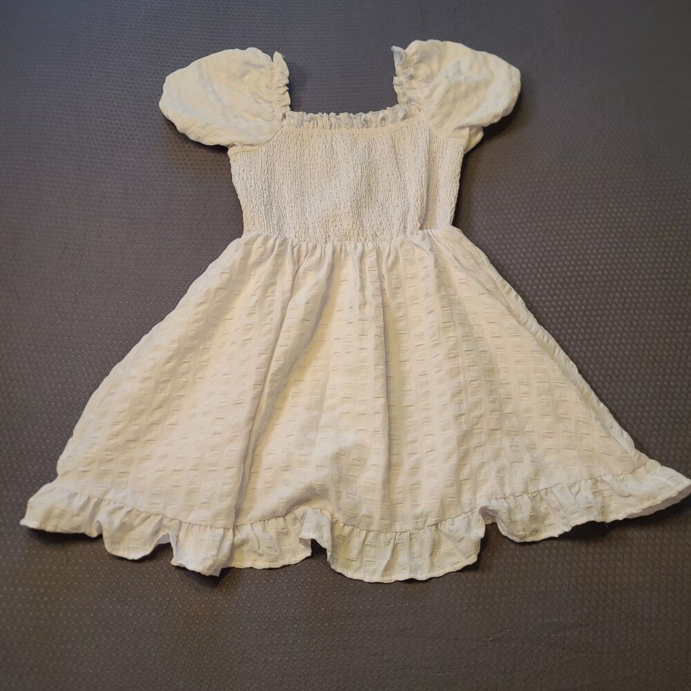 White Textured Cottagecore Mini Dress Puff Sleeves Sz  M (US  6 EU 38)